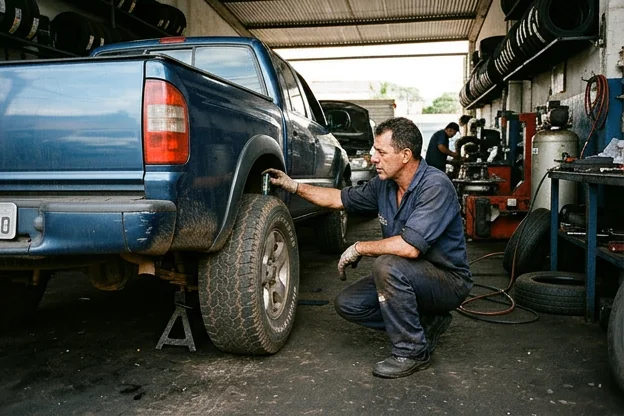 Mecânico avaliando o estado dos pneus de um carro.