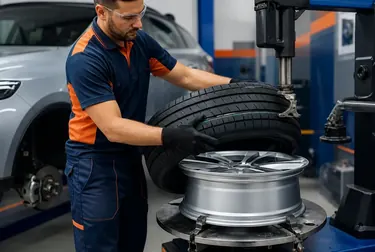 Mecânico realizando a troca de pneus com equipamentos.”