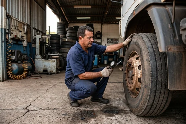 Profissional checando a condição de um pneu na borracharia.
