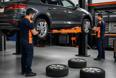 Profissional fazendo rodízio de pneus em uma borracharia.