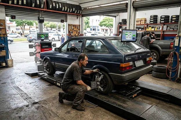 Profissional realizando alinhamento de rodas em um carro na borracharia.
