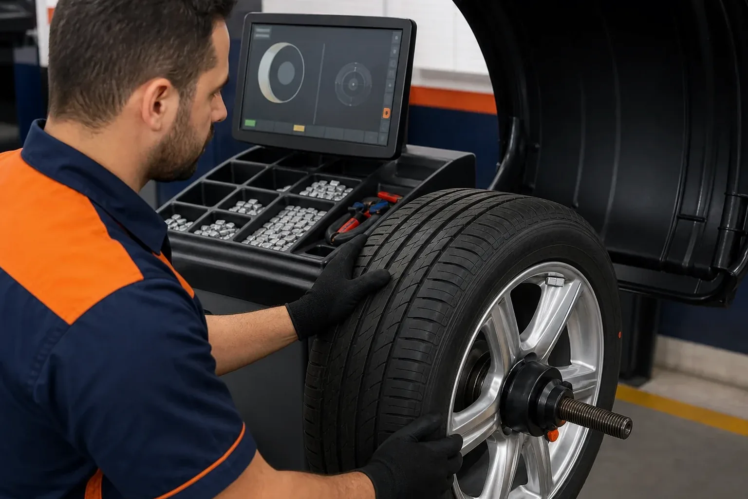 Técnico realizando balanceamento de rodas com equipamentos.